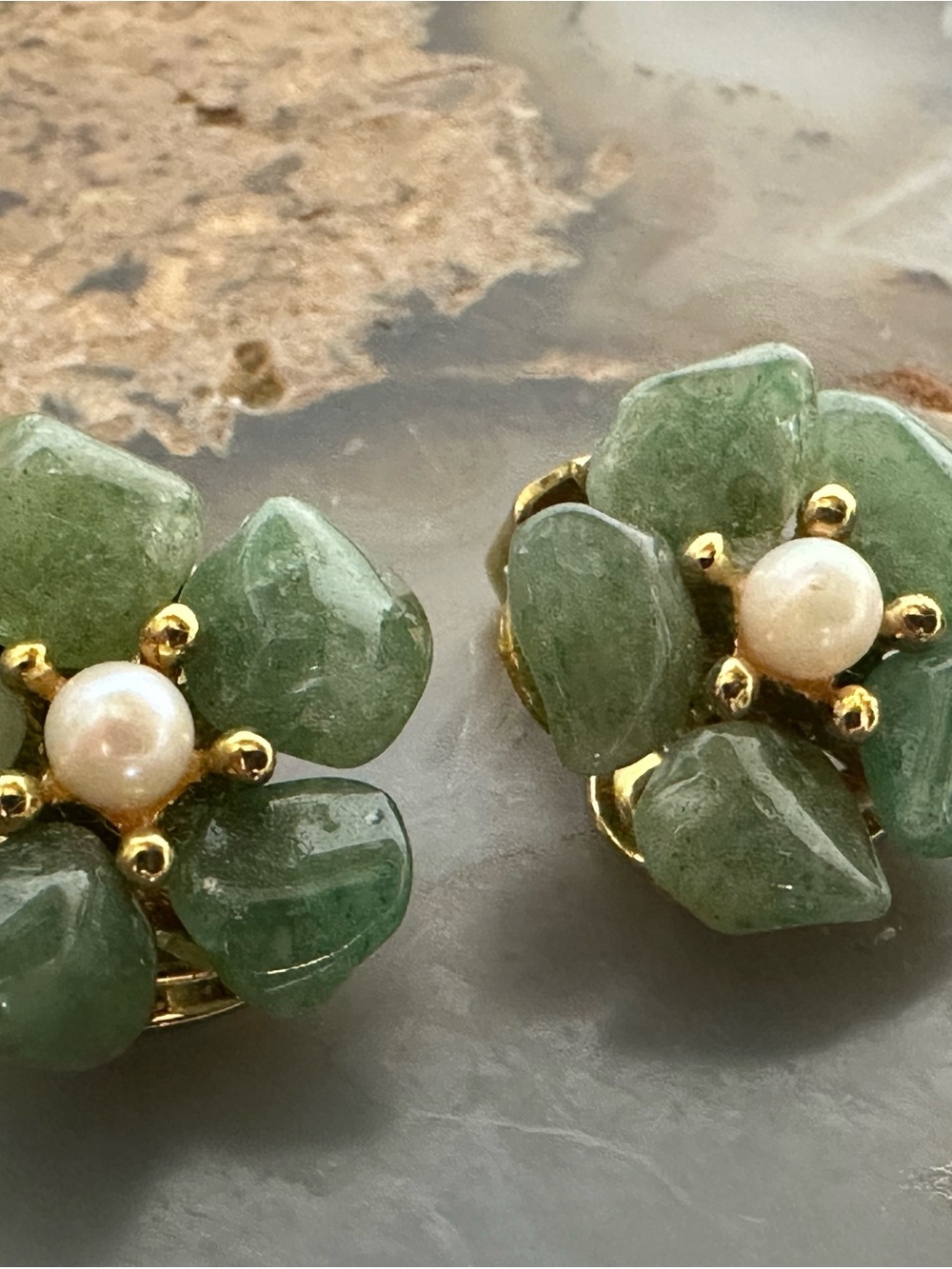 Vintage Swoboda jade and pearl flower clip on earrings